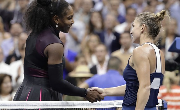 Serena Williams, left, of the United States, shakes hands with Simona Halep, of Romania, after William won the quarterfinal match 6-2, 4-6, 6-3 at the U.S. Open tennis tournament, Wednesday, Sept. 7,  ...