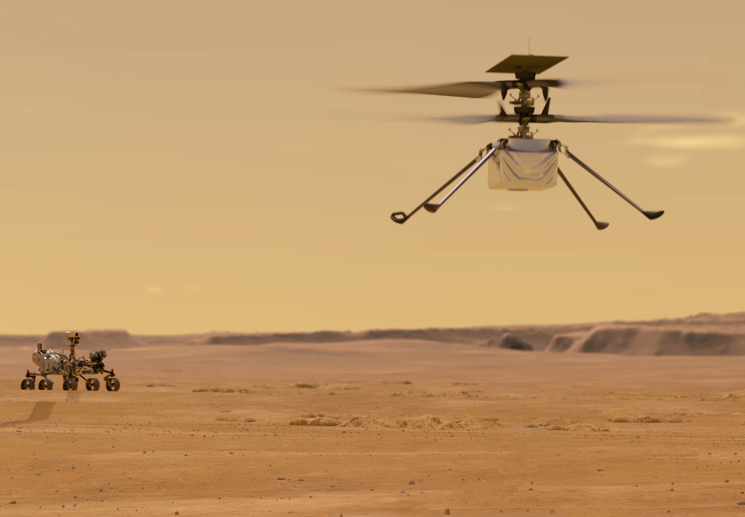 This illustration made available by NASA depicts the Ingenuity helicopter on Mars after launching from the Perseverance rover, background left. It will be the first aircraft to attempt controlled flig ...