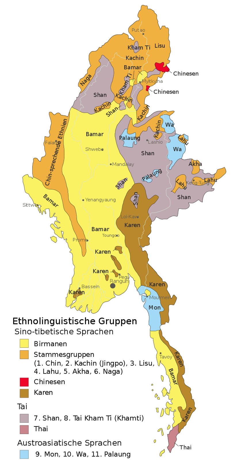 Burma, Myanmar: Ethnolinguistische Karte nach Informationen der CIA (1972)
Furfur - Diese Datei wurde von diesem Werk abgeleitet: Ethnolinguistic map of Burma 1972 en.svg, CC BY-SA 4.0, https://common ...