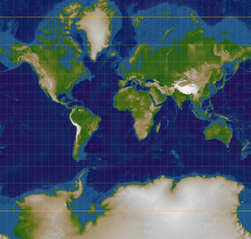 Klassische Mercator-Projektion: Die Regionen in Polnähe sind viel grösser als jene in Äquatornähe.