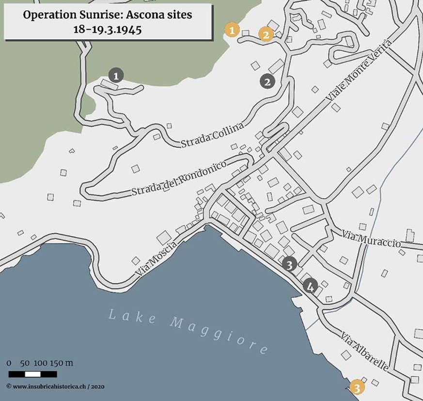 Wichtige Orte der Operation Sunrise. Die grauen Nummern verorten die damals existierenden Hotels Monte Verità (1), Ascona (2), Tamaro (3) und Castello (4). Die gelben Nummern die wichtigen Örtlichkeit ...
