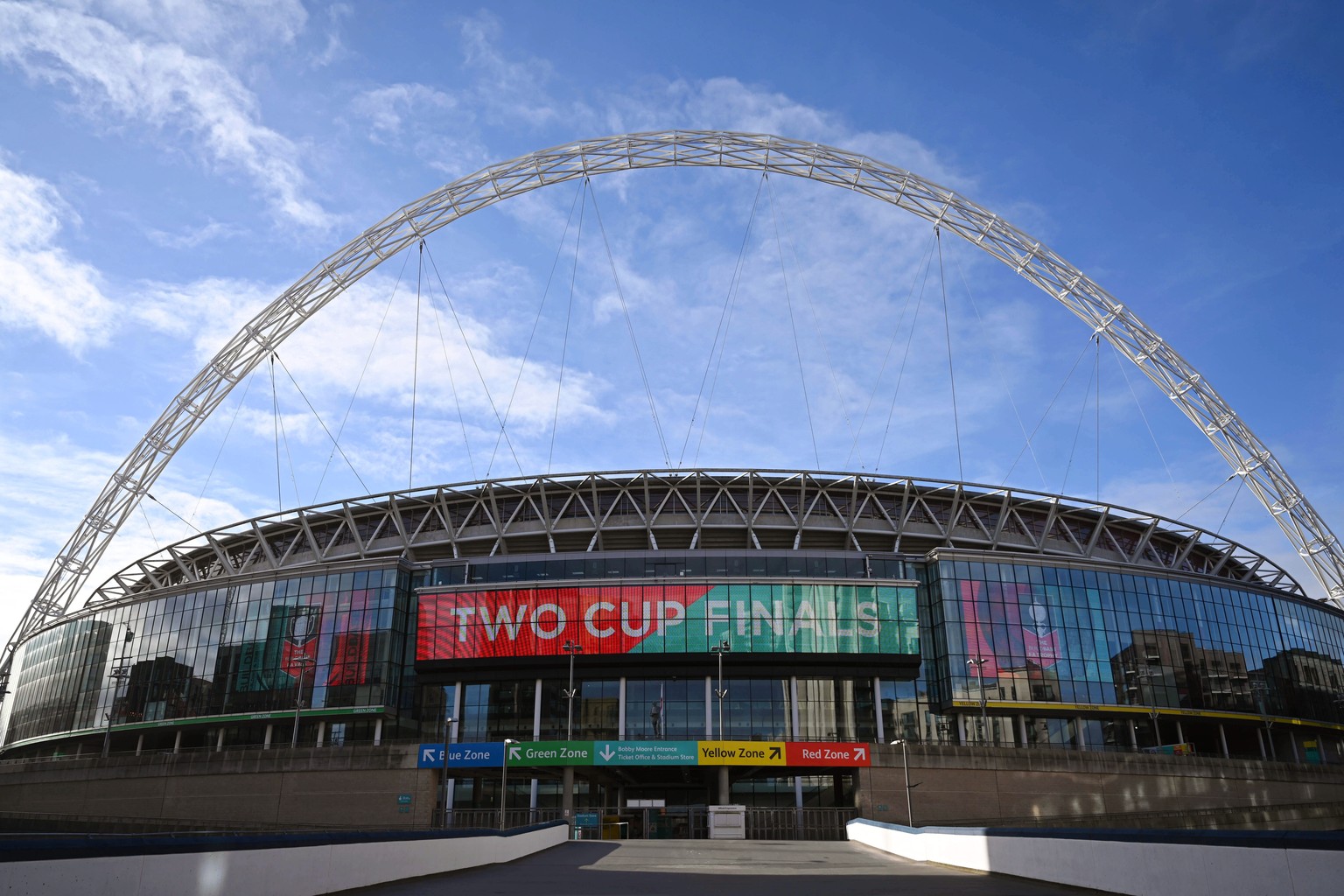epa08299916 General view of the Wembley Stadium in north London, Britain, 17 March 2020. The UEFA meet on 17 March 2020 to discuss the effects of the coronavirus COVID-19 pandemic on the UEFA EURO 202 ...