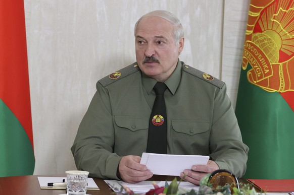 Belarusian President Alexander Lukashenko attends a meeting on territorial defense issues in the town of Shklov, 220 km (137 miles) east of Minsk, Belarus, Wednesday, June 16, 2021. (Maxim Guchek/BelT ...