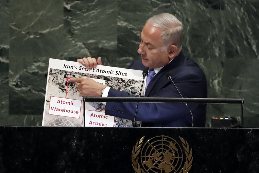 Israel&#039;s Prime Minister Benjamin Netanyahu shows an atomic warehouse in Teheran during his address the 73rd session of the United Nations General Assembly, at U.N. headquarters, Thursday, Sept. 2 ...