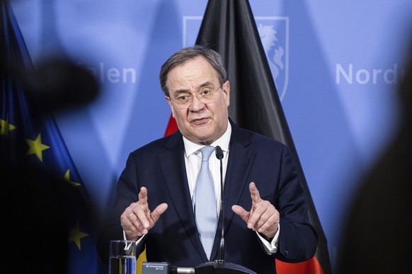 Armin Laschet, minister president of North Rhine-Westphalia, speaks during a press conference in Duesseldorf, Germany, Tuesday, March 23, 2021. Germany extended its lockdown measures by another month  ...