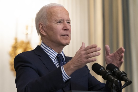 President Joe Biden speaks in the State Dining Room of the White House, Saturday, March 6, 2021, in Washington. (AP Photo/Alex Brandon)
Joe Biden