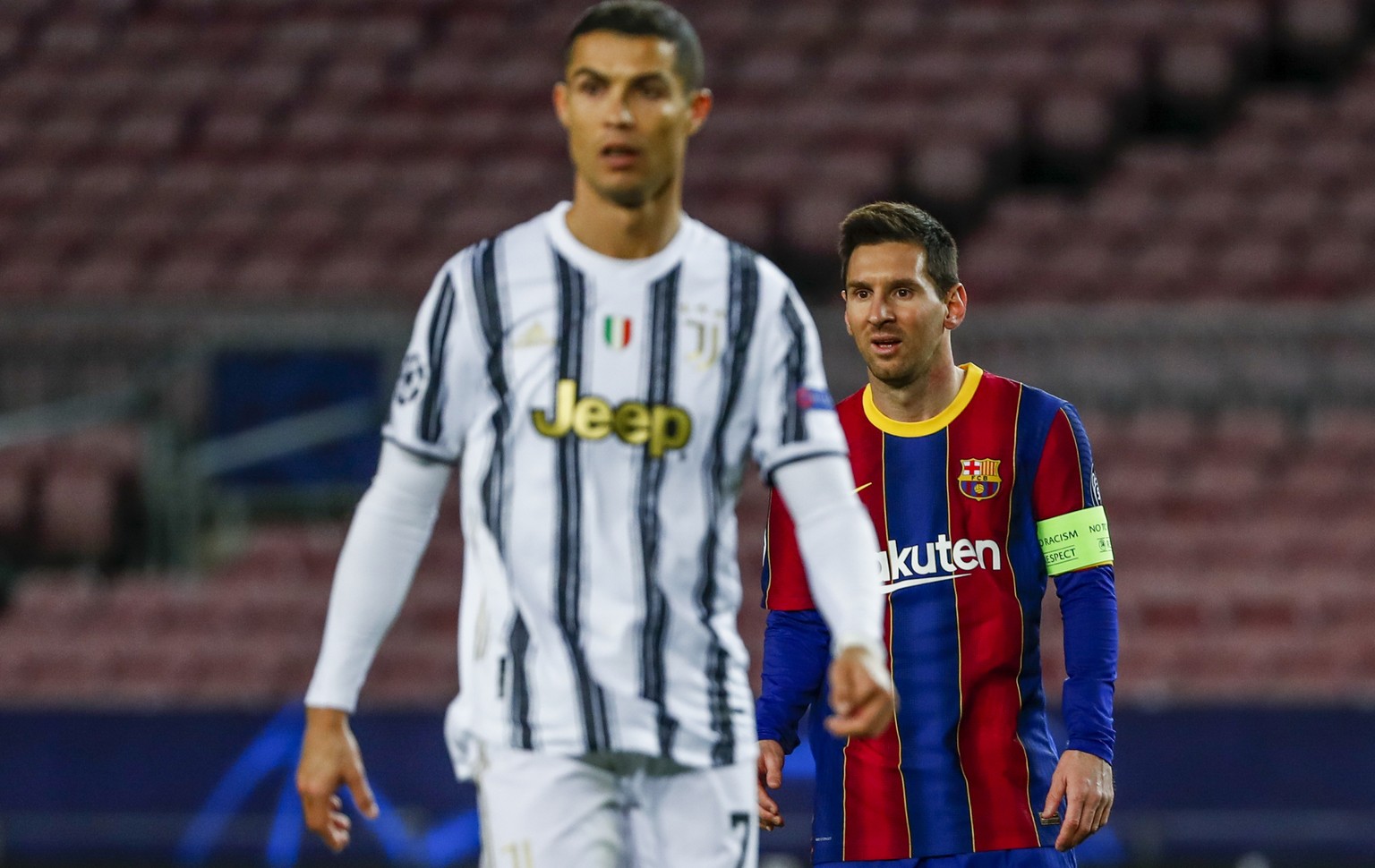 Barcelona&#039;s Lionel Messi, right, and Juventus&#039; Cristiano Ronaldo during the Champions League group G soccer match between FC Barcelona and Juventus at the Camp Nou stadium in Barcelona, Spai ...