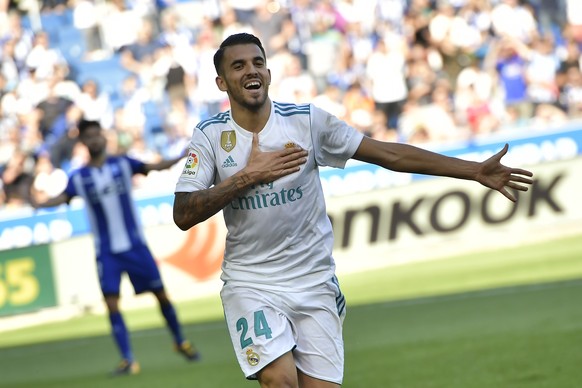 Real Madrid&#039;s Dani Ceballos celebrates his second goal after scoring against Alaves during the Spanish La Liga soccer match between Real Madrid and Alaves, at Mendizorra stadium, in Vitoria, nort ...