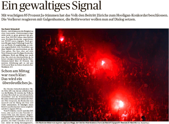 2013: Die Repressions-Politik gewinnt. Der Kanton Zürich nimmt das Hooligan-Konkordat an.