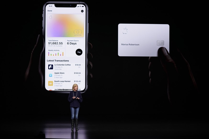 FILE- In this March 25, 2019, file photo, Jennifer Bailey, vice president of Apple Pay, speaks about the Apple Card at the Steve Jobs Theater during an event to announce new products in Cupertino, Cal ...