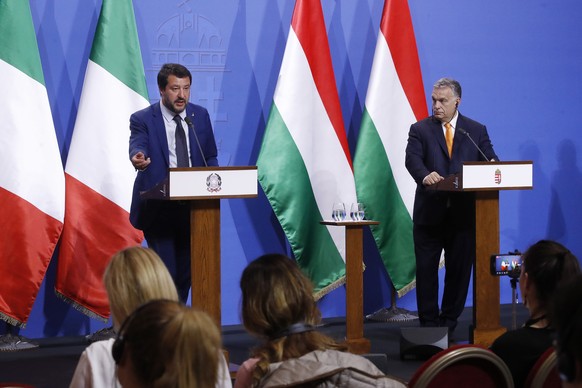 epa07543090 Italian Deputy Prime Minister and Interior Matteo Salvini (L) speaks during a joint press conference with Hungarian Prime Minister Viktor Orban (R) in the PM&#039;s office in Budapest, Hun ...