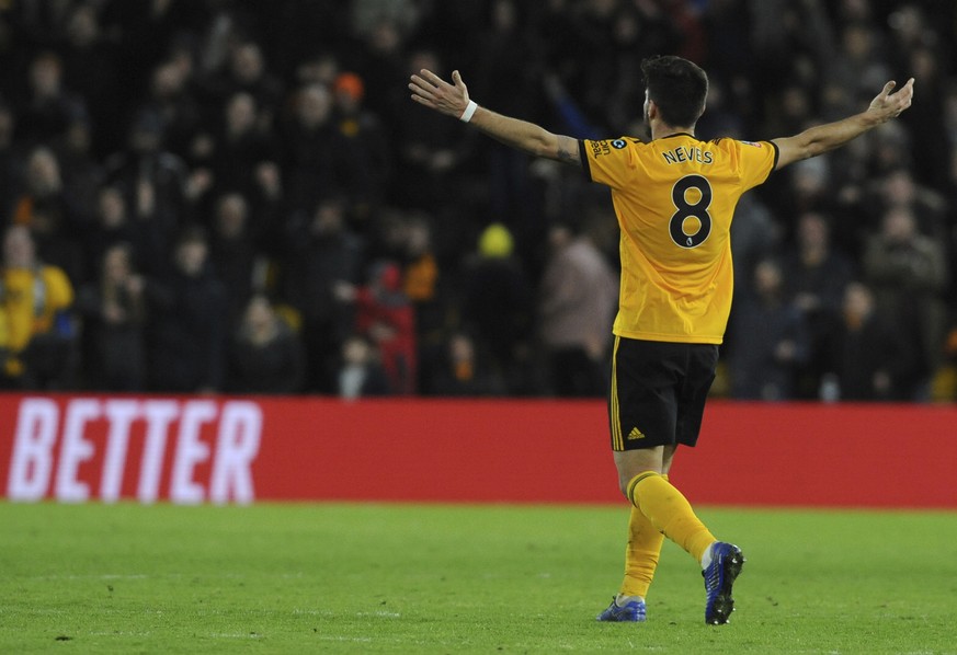 Wolverhampton&#039;s Ruben Neves celebrates at the end of the English FA Cup third round soccer match between Wolverhampton Wanderers and Liverpool at the Molineux Stadium in Wolverhampton, England, M ...