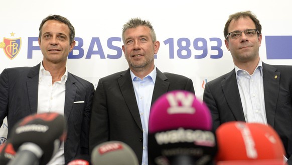 Die Basler Führungsetage mit Präsident Heusler, Trainer Fischer und Sportchef Heitz (von links).