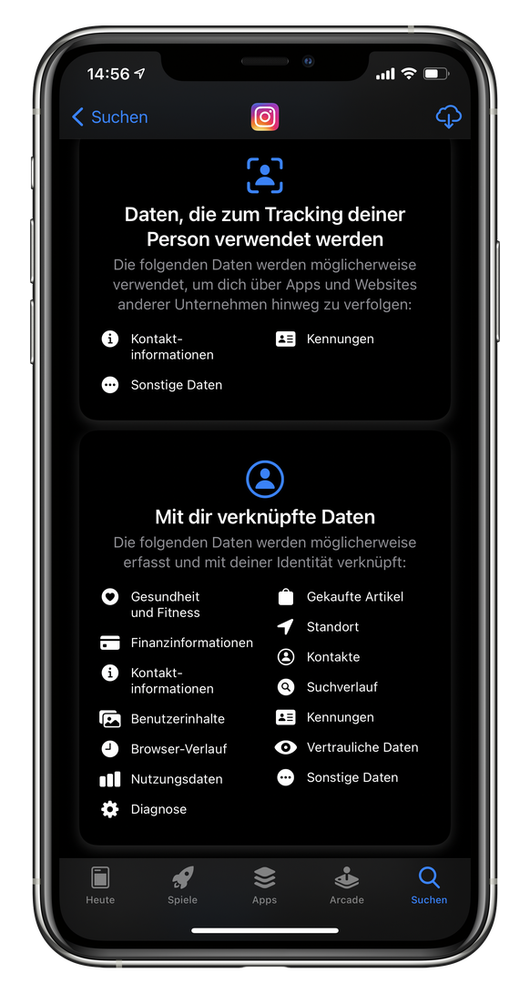 iPhone mit Datenschutz-Angaben der Instagram-App.