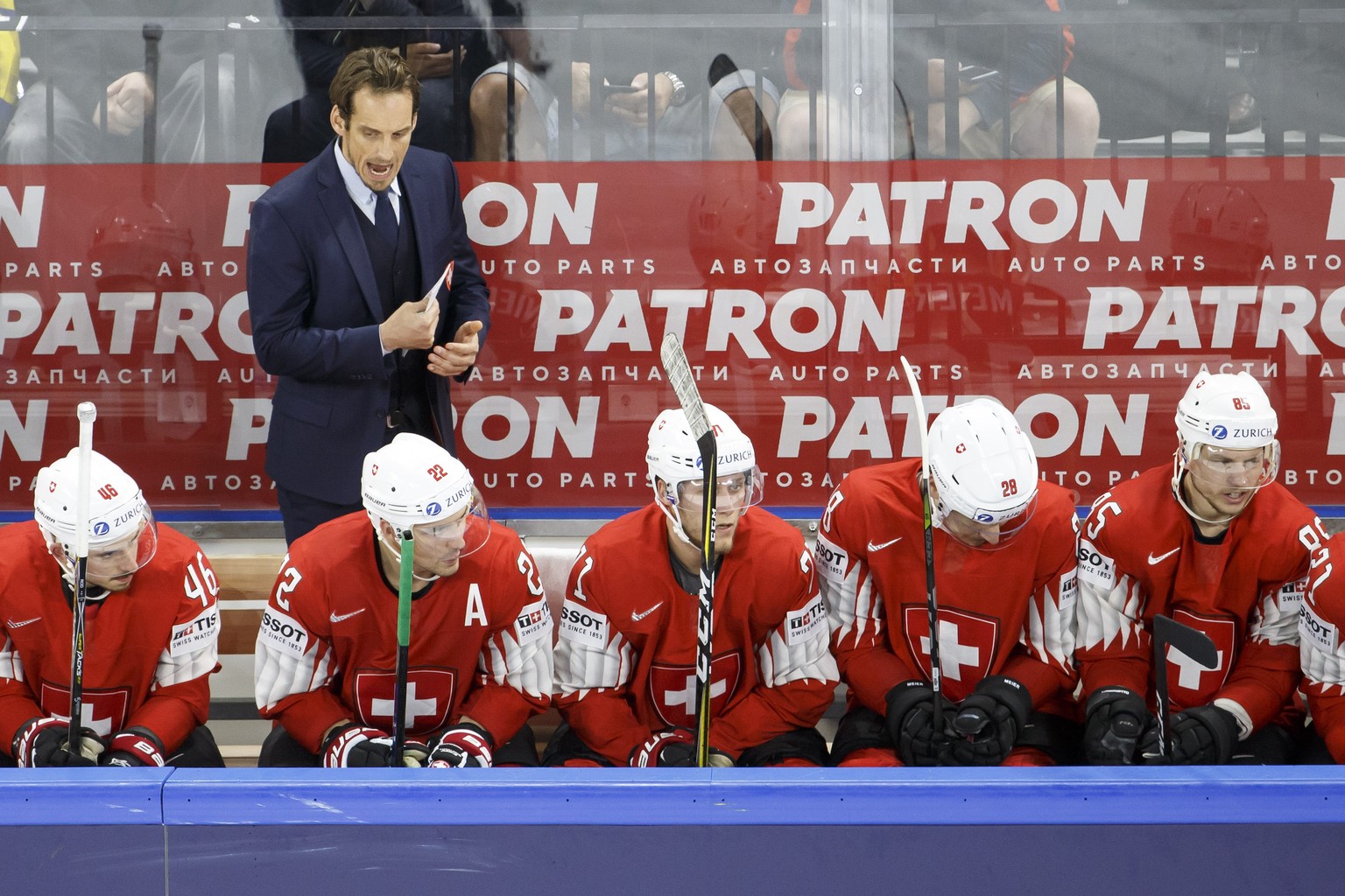 Patrick Fischer, head coach of Switzerland national ice hockey team, cheers his players, during the IIHF 2018 World Championship semi final game between Canada and Switzerland, at the Royal Arena, in  ...