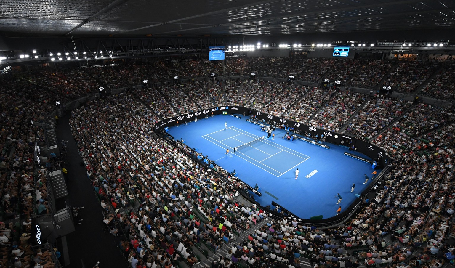epa06480047 General view of Rod Laver Arena with the roof closed during play between Marin Cilic of Croatia against Roger Federer of Switzerland during the mens final on day fourteen of the Australian ...
