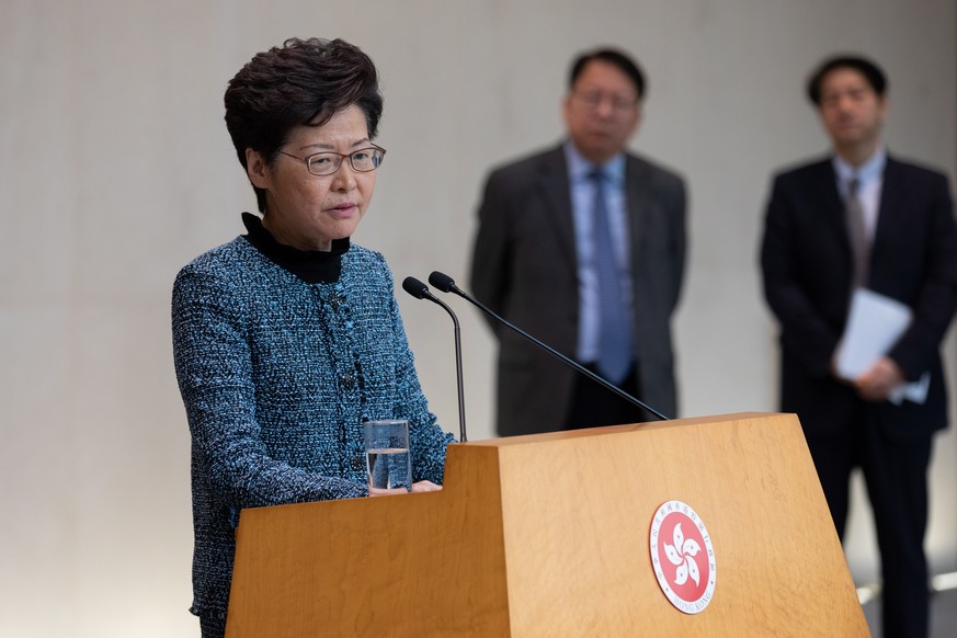 epa07957293 Hong Kong Chief Executive Carrie Lam speaks during a weekly pre-executive council press conference at the Central Government Offices compound in Hong Kong, China, 29 October 2019. EPA/JERO ...