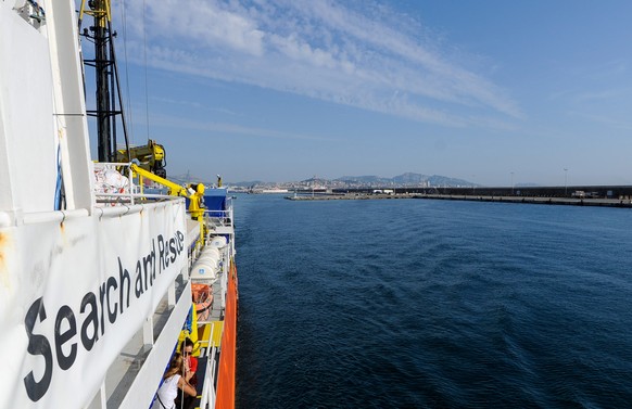 epa06923767 A handout photo made available by SOS Mediterranee shows the search and rescue vessel &#039;Aquarius&#039; leaving the port of Marseille, France, 01 August 2018 (issued 02 August 2018). Th ...