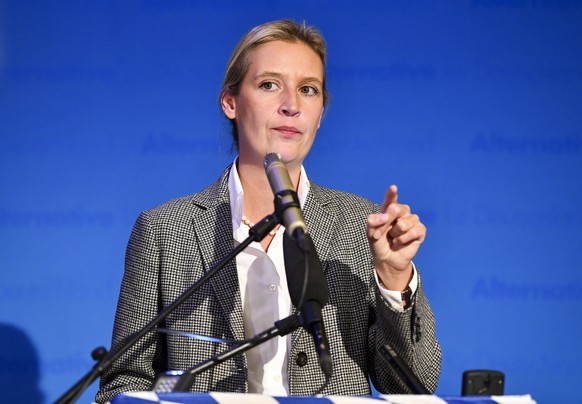epa07093192 Chairman of the Alternative for Germany party (AfD) faction Alice Weidel delivers a statement during the Bavaria state elections in Mamming, Germany, 14 October 2018. According to the Bava ...