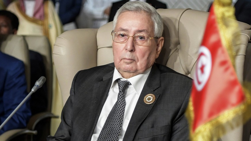 FILE - In this March 31, 2019 file photo, Algeria&#039;s Abdelkader Bensalah attends the opening session of the 30th Arab Summit in Tunis, Tunisia. The parliament on Tuesday named Abdelkader Bensalah, ...