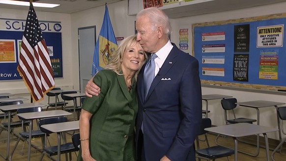 In this image from video, Jill Biden is joined by her husband, Democratic presidential candidate former Vice President Joe Biden, after speaking during the second night of the Democratic National Conv ...