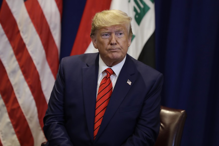 President Donald Trump speaks during a meeting with Iraqi President Barham Salih at the Lotte New York Palace hotel during the United Nations General Assembly, Tuesday, Sept. 24, 2019, in New York. (A ...