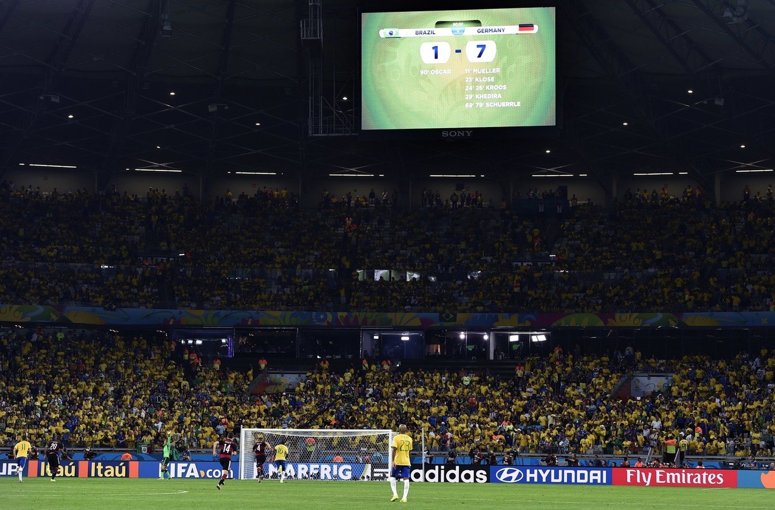 The scoreboard shows the final score at 7-1 during the World Cup semifinal soccer match between Brazil and Germany at the Mineirao Stadium in Belo Horizonte, Brazil, Tuesday, July 8, 2014. (AP Photo/M ...