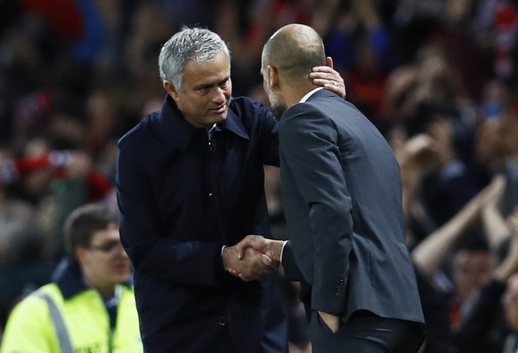 Football Soccer Britain - Manchester United v Manchester City - EFL Cup Fourth Round - Old Trafford - 26/10/16
Manchester United manager Jose Mourinho with Manchester City manager Pep Guardiola after ...