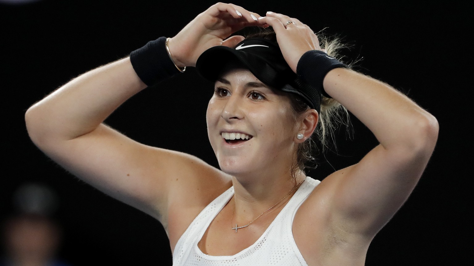 Switzerland&#039;s Belinda Bencic reacts after defeating United States&#039; Venus Williams during their first round match at the Australian Open tennis championships in Melbourne, Australia, Monday,  ...