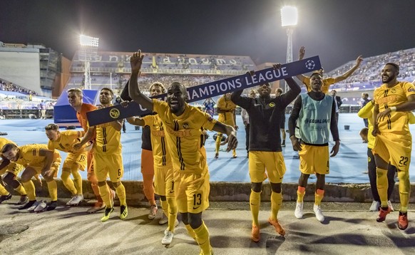YBs players celebrate after the UEFA Champions League football 2nd leg playoff match between GNK Dinamo Zagreb from Croatia and BSC Young Boys from Switzerland, in the Stadion Maksimir, in Zagreb, Cro ...