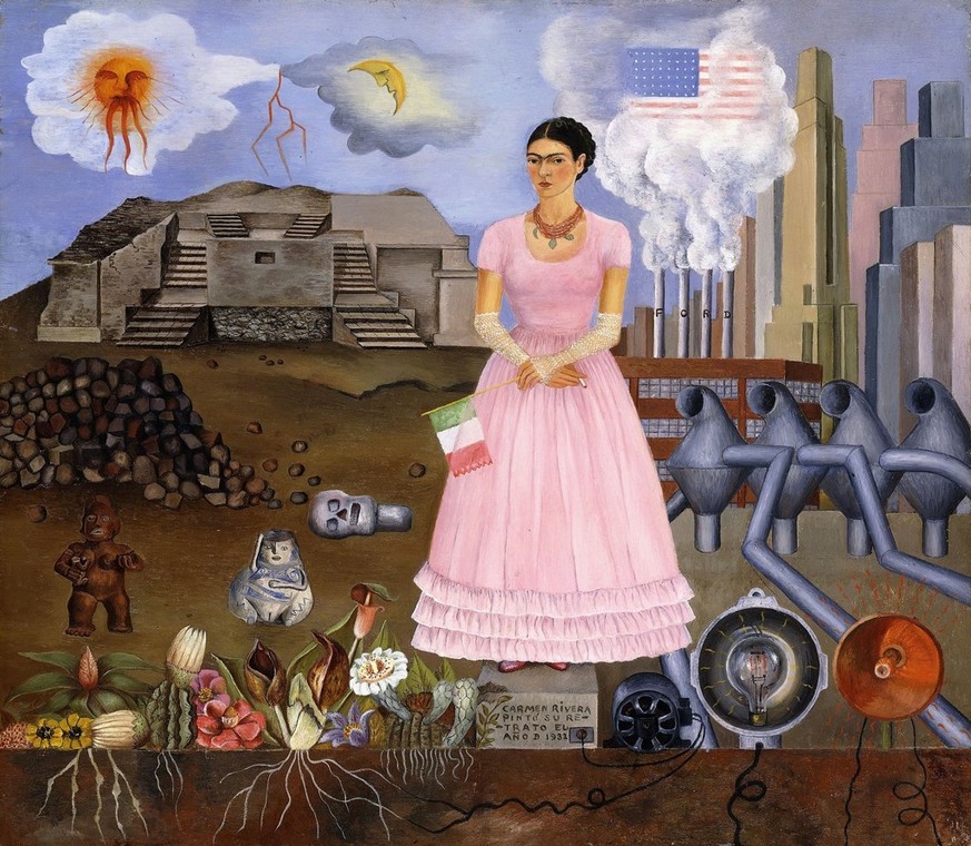 Frida hatte Heimweh, was ganz deutlich im «Selbstbildnis auf der Grenze zwischen Mexiko und den Vereinigten Staaten» von 1932 zum Ausdruck kommt. Allerdings nie ohne Ironie, für die sie gern die Farbe ...