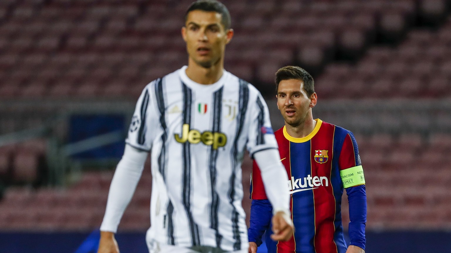 Barcelona&#039;s Lionel Messi, right, and Juventus&#039; Cristiano Ronaldo during the Champions League group G soccer match between FC Barcelona and Juventus at the Camp Nou stadium in Barcelona, Spai ...