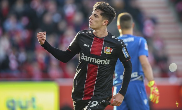 Kai Havertz of Bayer Leverkusen celebrates after scoring his side first goal during the Bundesliga soccer match between 1st FC Union Berlin and Bayer Leverkusen in Berlin, Germany, Saturday, Feb. 15,  ...