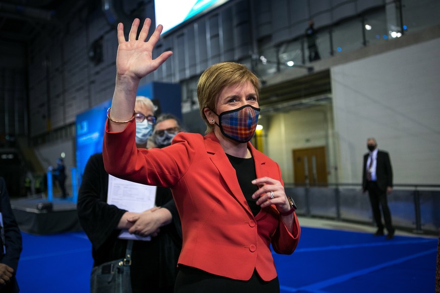 epa09183765 Scotland&#039;s First Minister and leader of the Scottish National Party (SNP), Nicola Sturgeon celebrates being declared the winner of the Glasgow Southside seat at Glasgow counting centr ...