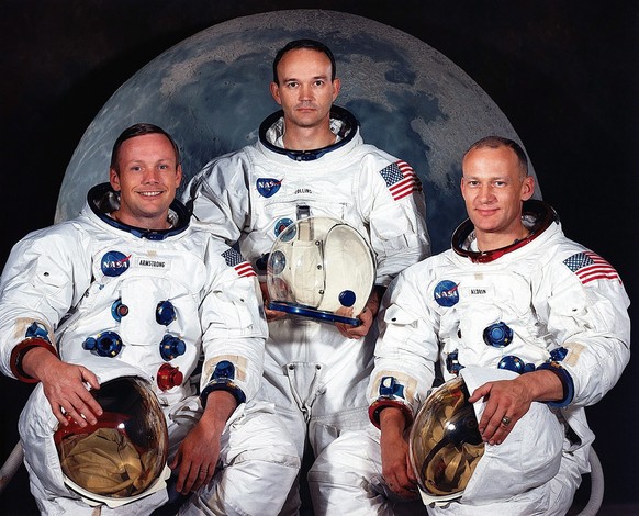 epa09165743 (FILE) - A handout photo made available by the NASA shows (L-R) US astronauts Neil A. Armstrong, commander, Michael Collins, command module pilot and Edwin E. Aldrin Jr., lunar module pilo ...