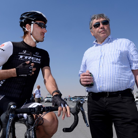 10.02.2014; Al Khor Corniche; Radsport - Tour of Qatar 2014 - 2. Etappe - Track - Al Khor Corniche; Fabian Cancellara (L, SUI) und Eddy Merckx (BEL) (Tim De Waele/freshfocus)