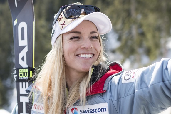Lara Gut-Behrami of Switzerland comments in an interview her promotion from fourth to third place in the finish area after the women&#039;s Downhill race of the FIS Alpine Ski World Cup season in Cran ...
