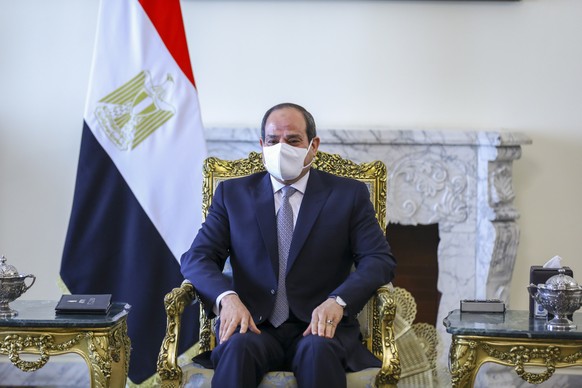 epa09130163 A handout photo made available by the press service of the Russian Foreign Affairs Ministry shows Egyptian President Abdel Fattah Al-Sisi during a meeting with Russian Foreign Minister Ser ...
