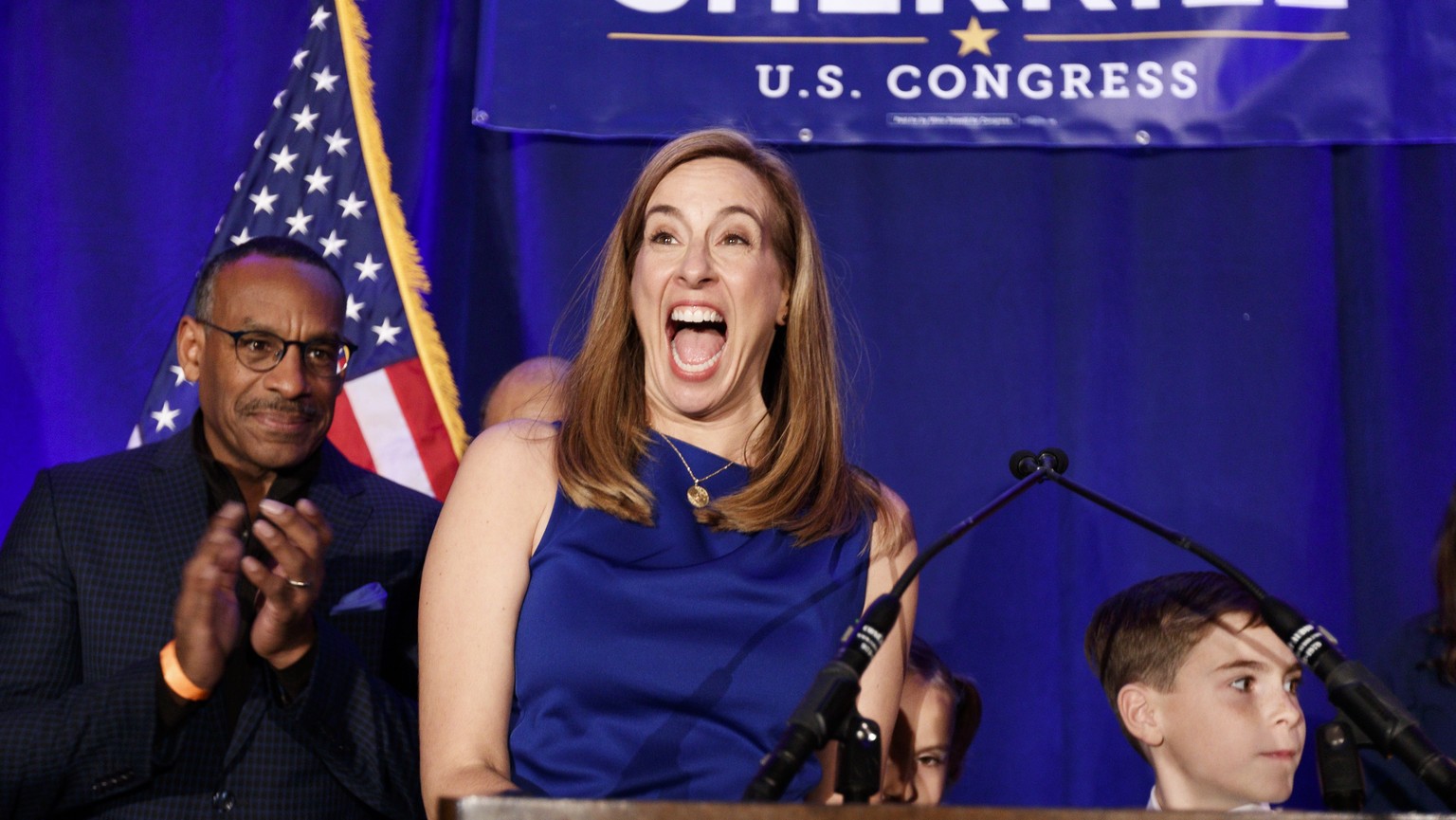 epa07147262 Democratic congressional candidate Mikie Sherrill talks to supporters at her election night event in the 2018 mid-term general election at the Parsippany Sheraton hotel in Parsippany, New  ...