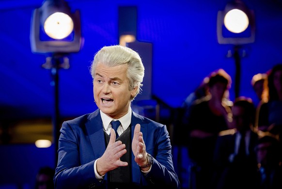 epa05848583 Right-wing Freedom Party (PVV) leader Geert Wilders during the last TV debate of the NOS in The Hague, The Netherlands, 14 March 2017, a day before the parliamentary elections. EPA/ROBIN V ...