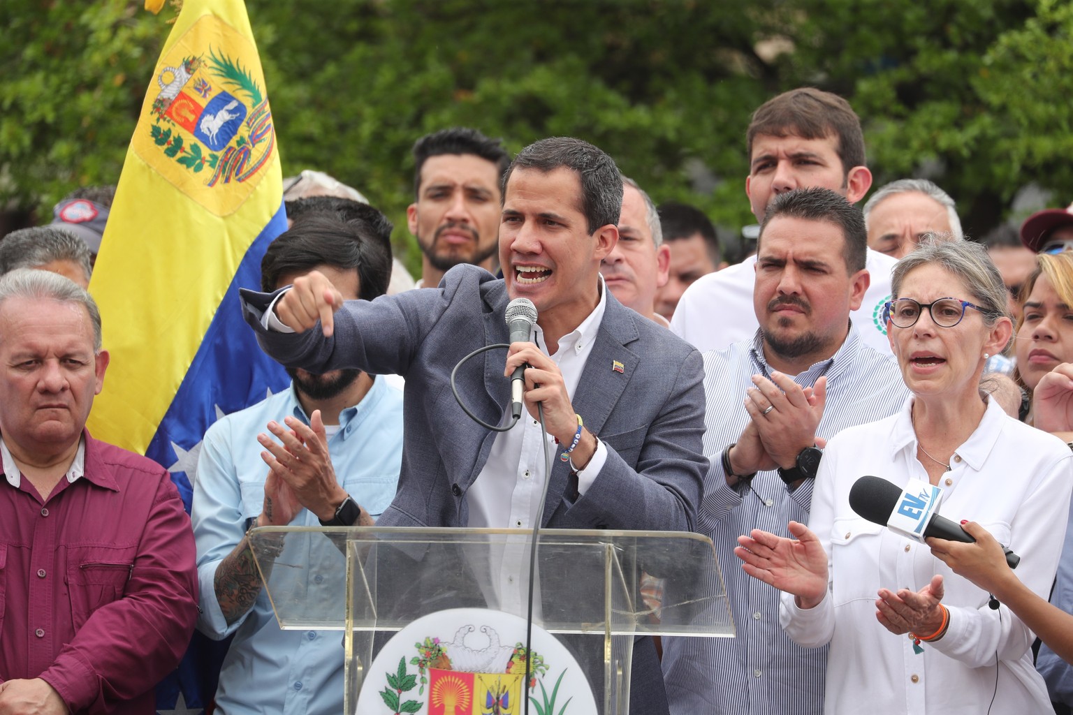 epa07563130 Venezuela&#039;s National Assembly President Juan Guaido delivers a speech during a demonstration against the government of Nicolas Maduro at Alfredo Sadel Square in Caracas, Venezuela, 11 ...
