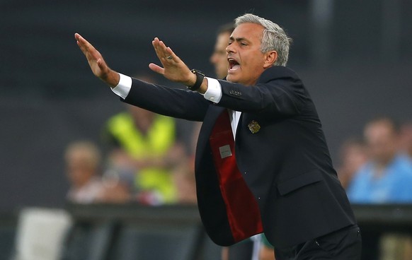 United manager Jose Mourinho gestures during the Group A Europa League match between Feyenoord and Manchester United at the De Kuip stadium in Rotterdam, Netherlands, Thursday, Sept. 15, 2016. (AP Pho ...