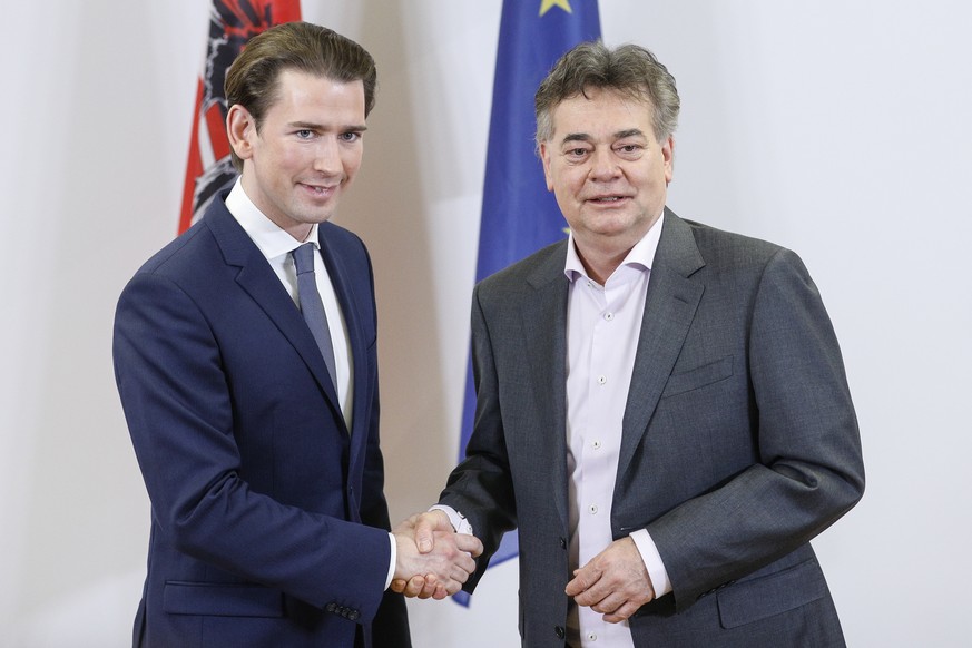 epa08098277 Leader of Austrian People&#039;s Party (OeVP), Sebastian Kurz (L) and Leader of the Austrian Green Party, Werner Kogler (R) shake hands during a press statement after coalition negotiation ...