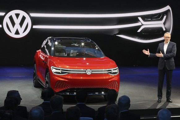 FILE - In this Tuesday, April 16, 2019, file photo, Volkswagen unveils a concept electric SUV, the whimsically named ID. ROOMZZ during the Auto Shanghai 2019 show in Shanghai. Volkswagen says Friday,  ...