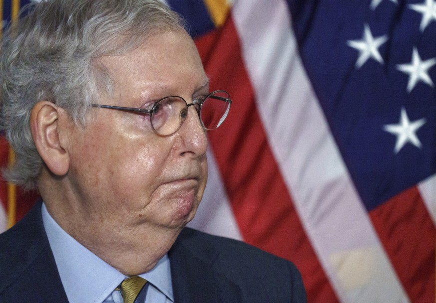 Senate Majority Leader Mitch McConnell, R-Ky., meets with reporters following a Republican strategy session, at the Capitol in Washington, Tuesday, Sept. 22, 2020. Republican efforts to fill the Supre ...