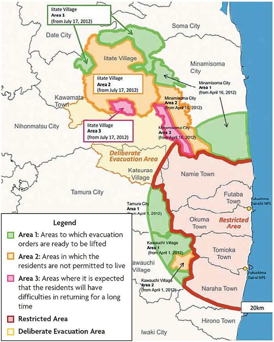 Karte Evakuierungszone Fukushima 
Stand vom 15. Juni 2012: Neben Sperrgebiet und „Deliberate Evacuation Area&quot; bestehen 3 Kategorien: Kategorie 1: Gebiet bereit für Aufhebung des Evakuierungsbefeh ...