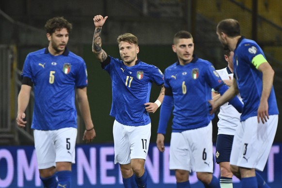 Italy&#039;s Ciro Immobile celebrates after scoring his team&#039;s second goal during the World Cup 2022 qualifier group c soccer game between Italy and Northern Ireland at the Stadio Ennio Tardini i ...