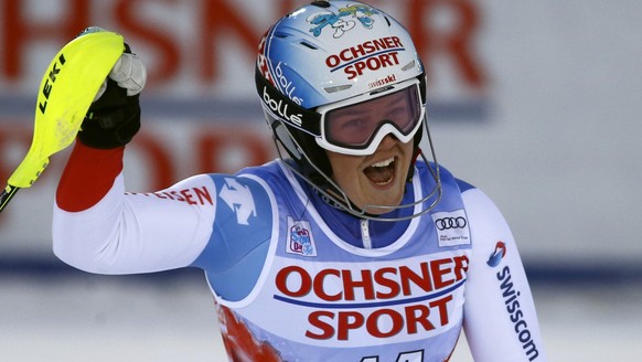 Switzerland&#039;s Melanie Meillard celebrates at the end of an alpine ski, women&#039;s World Cup slalom in Levi, Finland, Saturday, Nov. 11, 2017. (AP Photo/Giovanni Auletta)