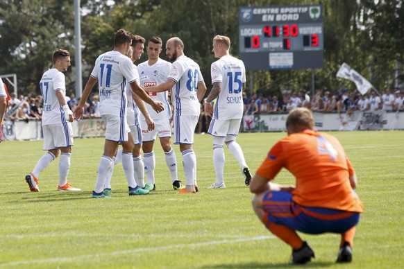 Luzern&#039;s players celebrate their goal after scoring the 0:4, during the Swiss Cup first Round between FC Gland and FC Luzern, at the En Bord stadium, in Gland, Switzerland, Sunday, August 19, 201 ...