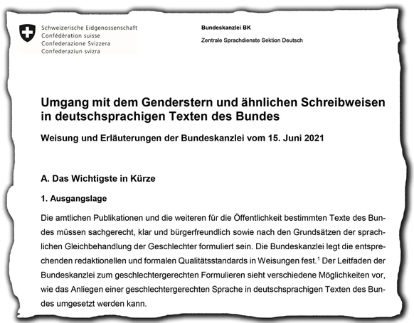 Ausriss aus der neuen Weisung: «Umgang mit dem Genderstern und ähnlichen Schreibweisen in deutschsprachigen Texten des Bundes».